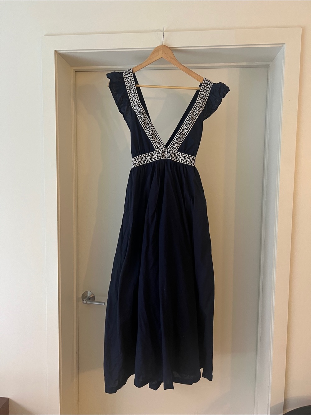 J. Crew Navy Blue Embroidered V-Neck Sundress